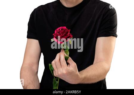 close up of man in black t-shirt holding red rose. Stock Photo