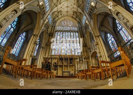 The East End interior of York Mionster featuring the Great East Window. Stock Photo