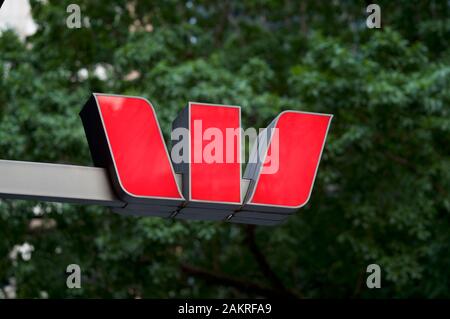 Brisbane, Queensland, Australia - 20th December 2019 : View of the Westpac bank logo hanging in front of the bank entrance in Elizabeth street in Bris Stock Photo