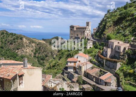 Aerial view with Church of San Nicolo also known as Church of San Lucia in Savoca , famous for filming locations of The Godfather on Sicily in Italy Stock Photo
