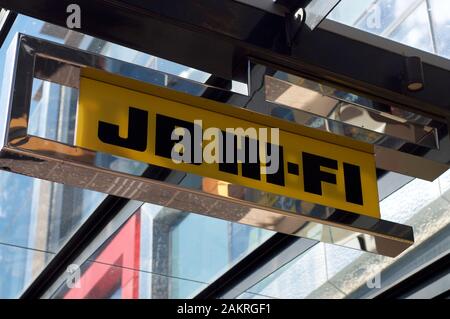 Brisbane, Queensland, Australia - 30th December 2019 : JB Hi-Fi sign hanging in front of a store in the Queenstreet mall in Brisbane. JB Hi-Fi is Aust Stock Photo