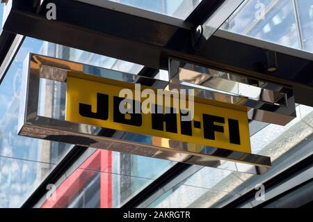 Brisbane, Queensland, Australia - 30th December 2019 : JB Hi-Fi sign hanging in front of a store in the Queenstreet mall in Brisbane. JB Hi-Fi is Aust Stock Photo