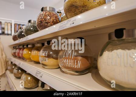 Berlin, Germany. 07th Jan, 2020. Large glass containers with different spices are placed on a shelf in a pack-free shop in Kreuzberg. In the unpackaged store, the containers brought in are first weighed, then an individual quantity is filled, weighed again and the difference paid. Credit: Annette Riedl/dpa-Zentralbild/ZB/dpa/Ģ����ý Live News Stock Photo