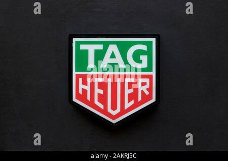 Brisbane, Queensland, Australia - 20th December 2019 : Tag Heuer sign hanging in front of a store in Brisbane. TAG Heuer is a Swiss luxury manufacturi Stock Photo