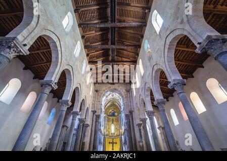 Interior of Basilica Cathedral of Transfiguration in Cefalu city and comune located on the Tyrrhenian coast of Sicily, Italy Stock Photo