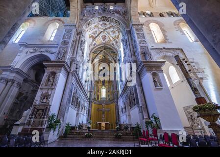 Chancel with Christ Pantocrator mosaic in Basilica Cathedral of Transfiguration in Cefalu city and comune located on Sicily Island, Italy Stock Photo