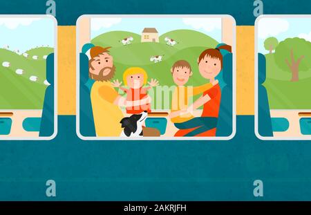 Young Family with Children Traveling Together by Train. Vector Illustration. Stock Vector