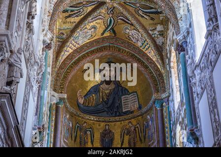 Christ Pantocrator mosaic in Basilica Cathedral of Transfiguration in Cefalu city and comune located on the Tyrrhenian coast of Sicily, Italy Stock Photo