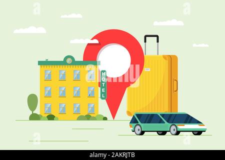 Hotel booking and car sharing service for vacation tourism concept. Travel apartment and transport reservation. Motel building with baggage suitcase and location pin vector illustration Stock Vector