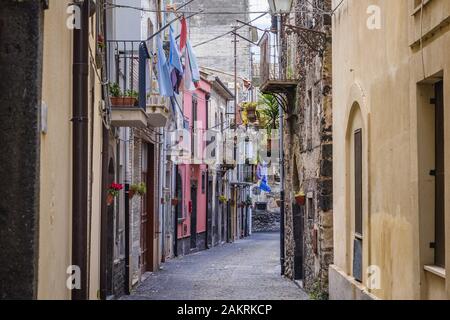 Narrow street in old part of Randazzo town and comune in the Metropolitan City of Catania, Sicily, southern Italy Stock Photo
