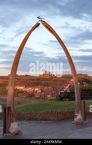 Whitby Abbey, seen through the iconic whalebone arch. Stock Photo