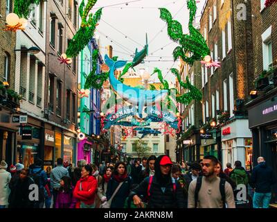 London, UK/Europe; 20/12/2019: Sea life Christmas lights made out of recycled materials in Carnaby Street. Soho district, London. Stock Photo