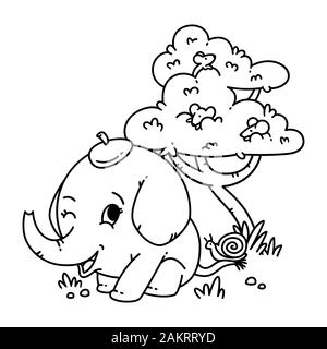 Elephant in a hat with snail on tail and mouse on a tree. Cartoon animal character vector illustration isolated on white background. For coloring page Stock Vector