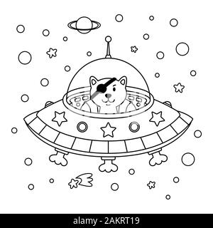 Alien cat pirate in a spaceship in a star galaxy. Cute cosmonaut cat in outer space. Vector outline illustration on the space theme in childish style Stock Vector