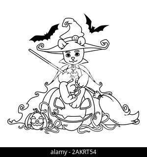 Teddy bear in a witch hat and mantle with a broom in his hands sits on a Halloween pumpkin with black cat and bats. Vector illustration isolated on wh Stock Vector