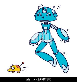 Blue robot playing catch-up with a toy. Vector illustration isolated on white background. Stock Vector
