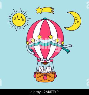 A family of cats flies around the world in a balloon. Sun, moon, shooting star, blue sky. Cartoon animal character vector illustration isolated on bac Stock Vector
