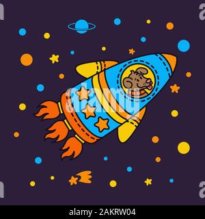 Dog in a rocket spaceship. Star galaxy. Cute cosmonaut dog in outer space. Vector illustration on the space theme in childish style. Stock Vector