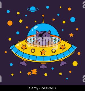 Alien cat pirate in a spaceship in a star galaxy. Cute cosmonaut cat in outer space. Vector illustration on the space theme in childish style. Stock Vector