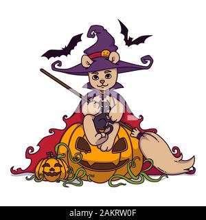 Teddy bear in a witch hat and mantle with a broom in his hands sits on a Halloween pumpkin with black cat and bats. Vector illustration isolated on wh Stock Vector