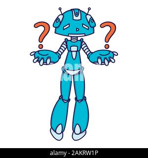 Confused blue robot asking a question. Vector illustration isolated on white background. Stock Vector