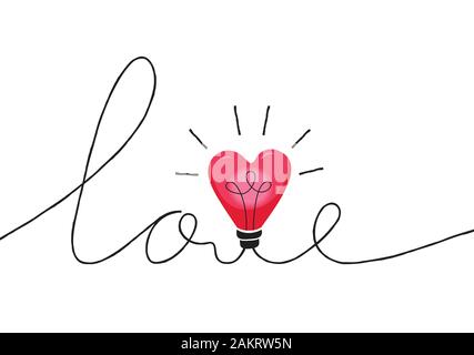 Valentine's Day Holiday Lettering with Word Love Made with Intertwined Heart Shape String Lights Cord. Heart Bulb Hand Drawn Calligraphy. Cute Festive Stock Vector