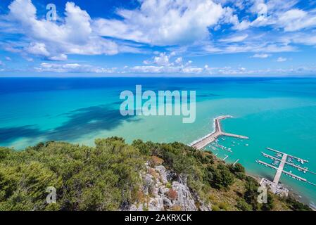 Aerial view from the castle on Rocca di Cefalu rock massif in Cefalu city and comune, located on the Tyrrhenian coast of Sicily, Italy Stock Photo