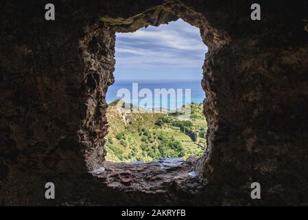 View from ruined building in Savoca village, famous for filming locations of The Godfather movies on Sicily Island in Italy Stock Photo