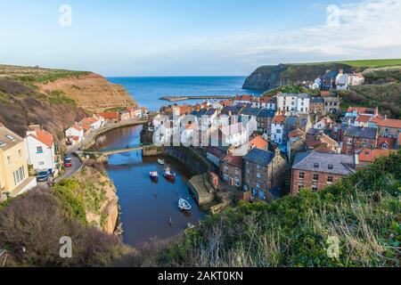 An elevated view of the village of Staithes,North Yorkshire,England,UK Stock Photo