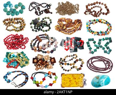 Homemade female beads made of jewelry gemstones and materials of various shapes and colors. Isolated on white studio macro  set Stock Photo