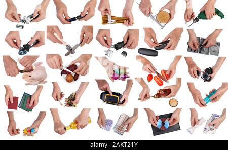 Male and female hands work with household appliances. Isolated on white closeup images set Stock Photo