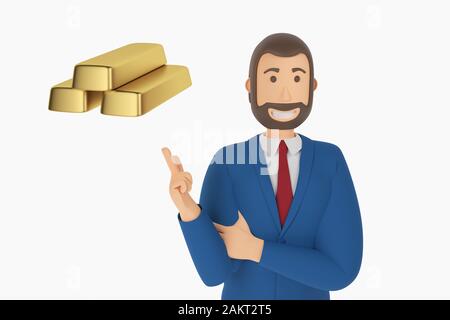 Cartoon character, businessman in suit with pointing finger at an gold bar coin. Business concept gold bar icon. 3d rendering Stock Photo
