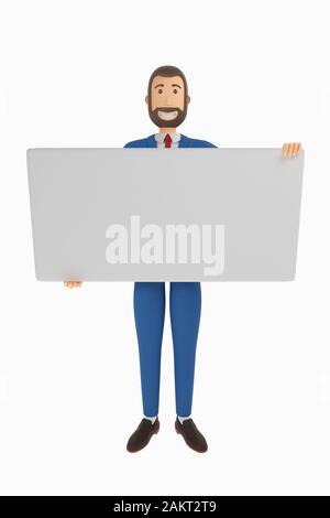 A drawn cartoon businessman is holding a business card, blank form or credit card. Businessman in a suit with an unusual look. 3D rendering Stock Photo