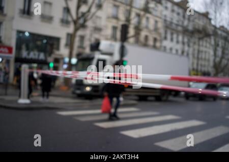 French police road cordon, boulevard Barbès, 75018 Paris, France Stock Photo