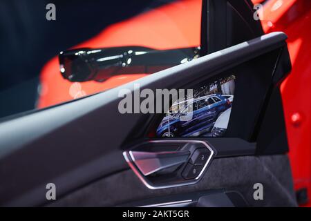 Brussels, Belgium. 9th Jan, 2020. A display screen of the virtual rearview mirror is seen inside an Audi e-tron 55 quattro SUV at the 98th Brussels Motor Show in Brussels, Belgium, Jan. 9, 2020. The 98th Brussels Motor Show will open to the public from Jan. 10 to 19. Credit: Zheng Huansong/Xinhua/Alamy Live News Stock Photo
