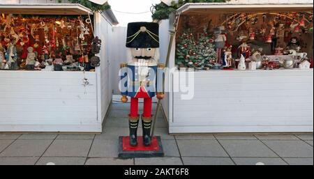 VILNIUS, LITHUANIA - DECEMBER 29, 2019: The wooden Nutcracker sculpture from the ballet composer Tchaikovsky is installed at the traditional Christmas Stock Photo