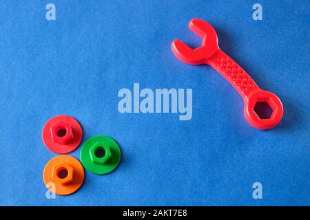 Toy tools set at blue background with copy space. Stock Photo