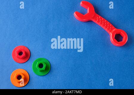 Toy tools set at blue background with copy space. Stock Photo