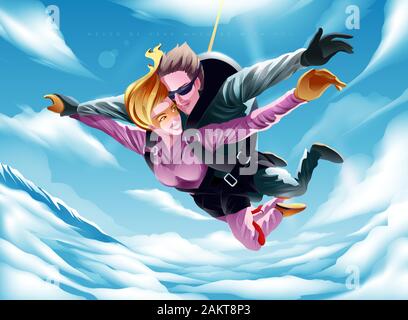 Vector illustration of a young couple parachuting together, in which the girl stares at her lover or her husband with the love and trust that is given Stock Vector