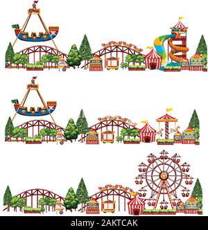Set of different rides in the circus on white background illustration Stock Vector