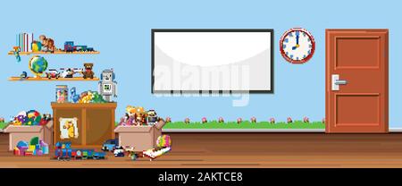 Background scene with whiteboard and toys illustration Stock Vector