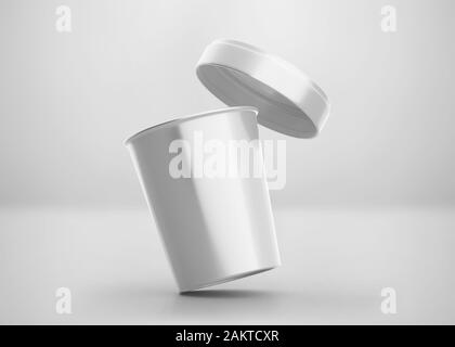 Blank white ice cream cup with cap mockup, clear plastic food   container, vanilla tub, 3d rendering isolated on light background Stock Photo