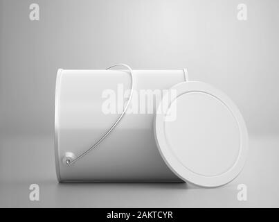 Blank white paint can with handle mockup, clear closed paint bucket, 3d rendering, isolated on light background, ready for your design Stock Photo