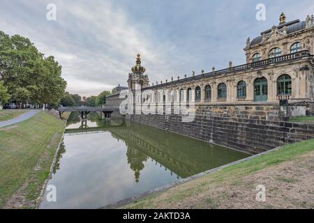 Dresden - View to Crown Gate at Zwinger Palace, reflected in the moat, Saxony, Germany, Dresden, 01.10.2018 Stock Photo