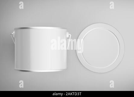 Blank white paint can with handle mockup, clear closed paint bucket, 3d rendering, isolated on light background, ready for your design Stock Photo