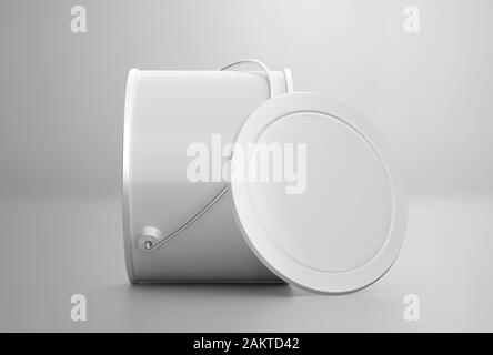 Blank white paint can with handle mockup, clear closed paint bucket, 3d rendering, isolated on light background, ready for your design Stock Photo