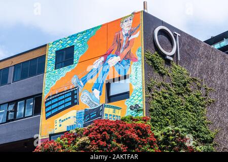 Mural on QT Hotel, Cable Street Te Aro, Wellington, New Zealand Stock Photo