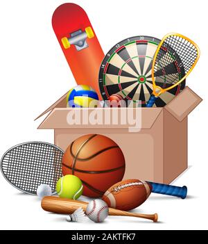 Cardboard box full of sport equipments on white background illustration Stock Vector