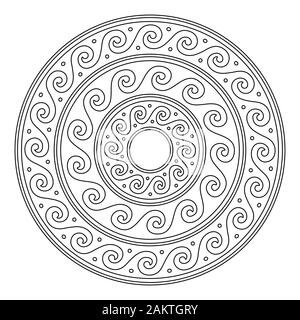 Greek vector stroke mandala, Ancient  round meander art in circle isolated on white perfect for adult coloring books Stock Vector