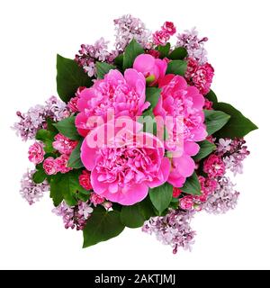 Pink peony, hawthorn and lilac flowers bouquet isolated on white Stock Photo